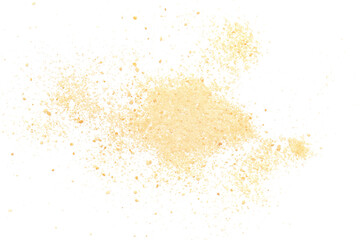 Pile biscuit crumbs flying, isolated on white background and texture	