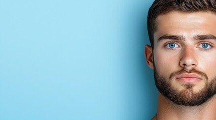 Fototapeta premium Close-up Portrait of a Handsome Man with Blue Eyes and a Beard Against a Light Blue Background