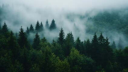 Misty Forest Scene with Dense Greenery and Tranquil Fog Covering Trees : Generative AI