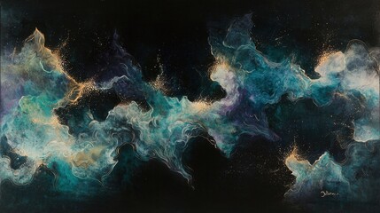 Fototapeta premium A vibrant abstract artwork showcases swirling shades of blue and green mingling with gold accents. The piece evokes cosmic imagery and captures the imagination with its fluid designs