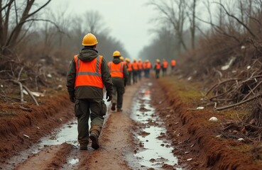 Obraz premium Team in uniform walks on muddy road after natural disaster. Men assist in damaged area with destruction, walk to search survivors, clean debris after earthquake. Emergency response.