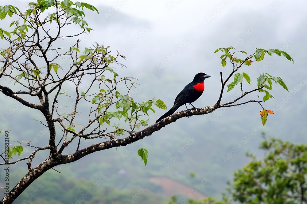 Aufkleber Vibrant black and red bird on a stark branch with a misty mountainous backdrop in a natural setting : Generative AI