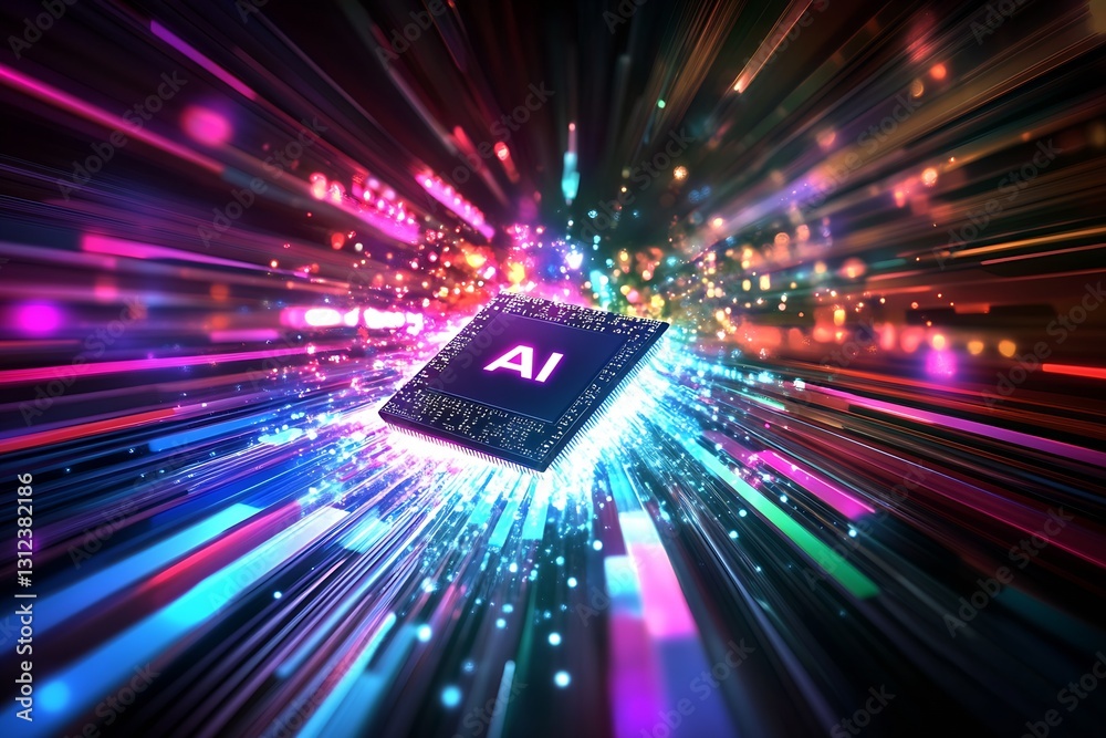 Fototapete Colorful and vivid representation of an AI microprocessor surrounded by explosive energy and light patterns : Generative AI