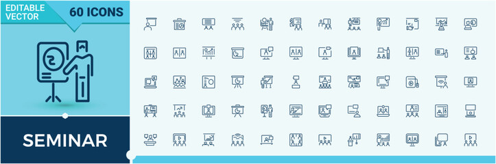 Seminar line icons set. Contain linear outline icons business, talk, class, conference, meet and more. Pixel perfect. Modern icon collections.