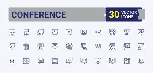 Set of Conference line icons. Contains related to man, seminar, management, work, office, organization, training, video. Line symbol. Modern linear icons.