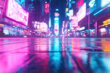 cyberpunk night scene with rain-soaked streets glowing under neon lights digital billboards flickering overhead