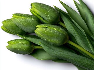A bunch of green tulips with water droplets on them