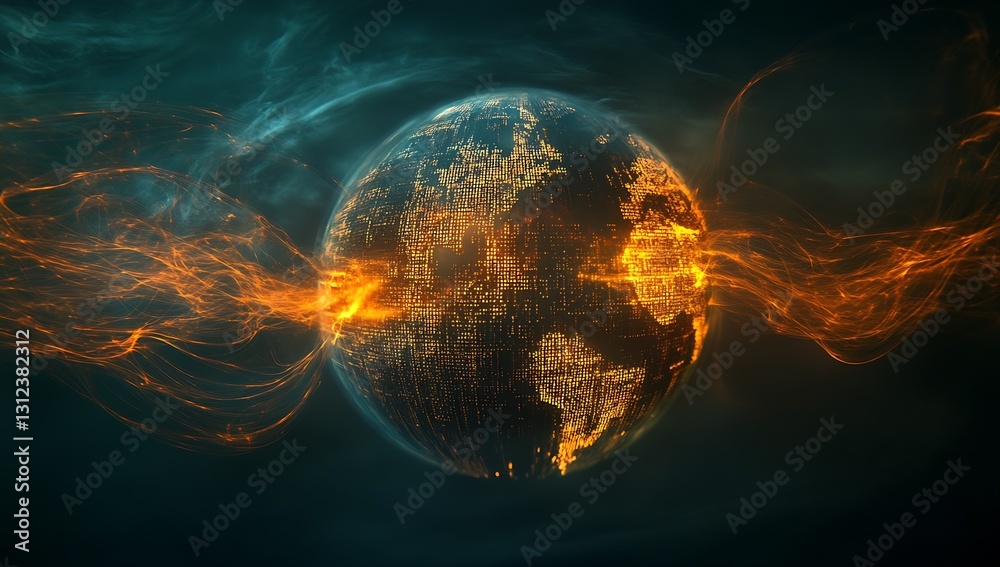 Poster Dynamic and vibrant visualization of a globe with swirling data lines representing global communication and technology : Generative AI