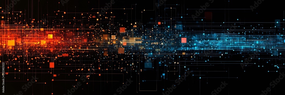 Fototapete Dynamic colorful abstract background with glowing particles and lines in blue orange hues : Generative AI