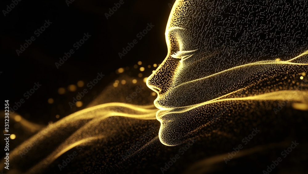Aufkleber elegant artistic depiction of a woman's profile with flowing golden particles and soft lights on a b