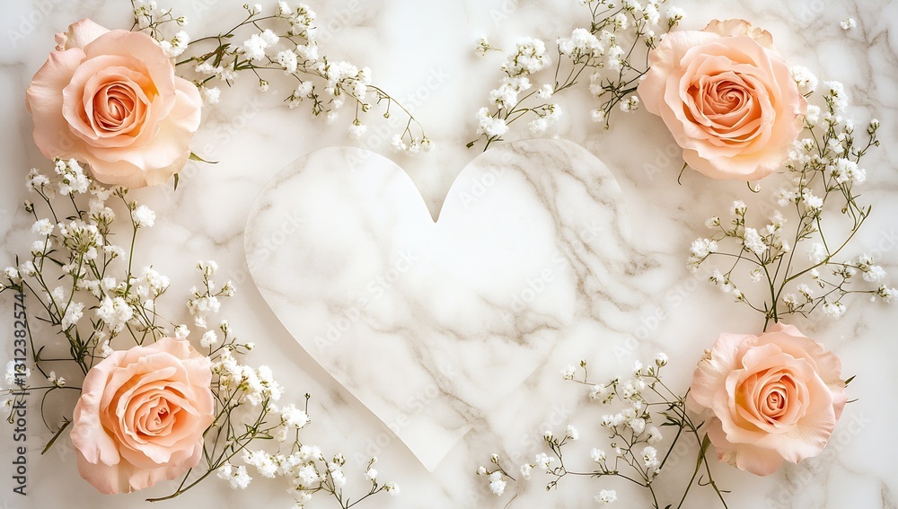 Aufkleber simple yet elegant heart shape created by soft pink roses and tiny white flowers on a refined marble