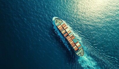 Aerial view of cargo ship transporting containers across the ocean with blue water and white waves
