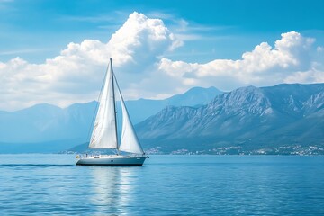 Fototapeta premium Tranquil sailboat gliding across a serene blue lake with majestic mountain backdrop under clear skies : Generative AI