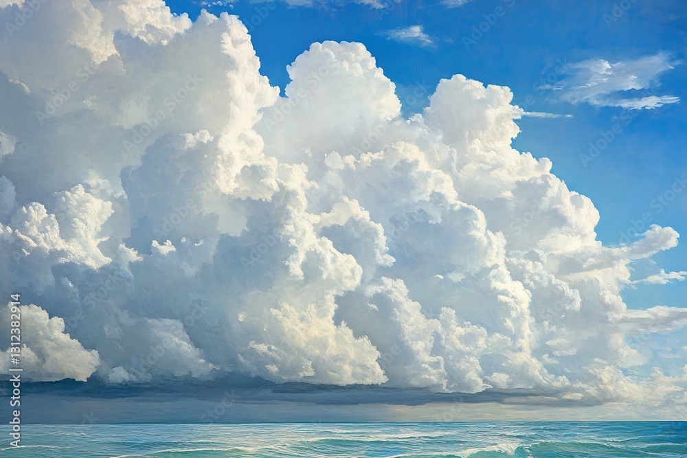 Poster lush clouds reflecting stunning colors over tranquil ocean waters and soft waves under a bright blue