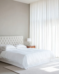 Fototapeta premium Cozy and bright bedroom with neutral tones and soft lighting in a modern design
