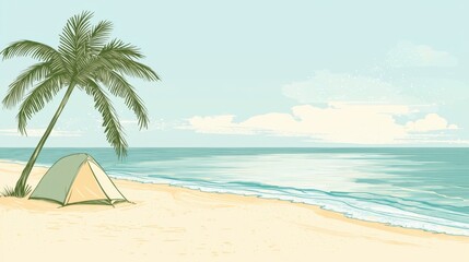 Obraz premium A tranquil beach features a pastel-colored tent nestled near a palm tree, with gentle ocean waves lapping against the sandy shore on a clear day
