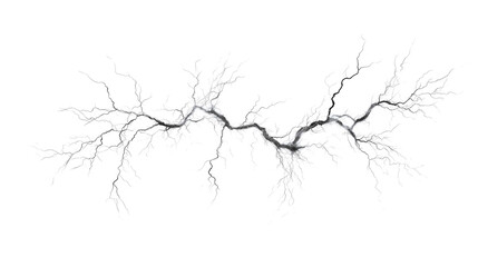 Abstract branching lightning crack effect on a white background, delicate electric veins with subtle smoky texture, perfect for sci-fi, digital art, and futuristic designs.