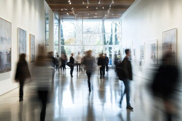 People explore a modern art gallery filled with contemporary artwork in a spacious, well-lit environment during daytime