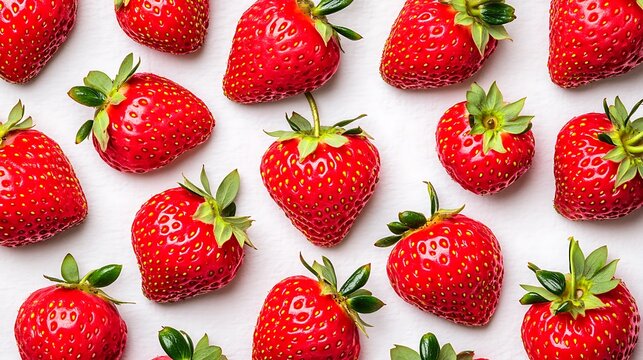 Strawberries arranged on white background. Flat lay for food blog header or summer recipe presentation