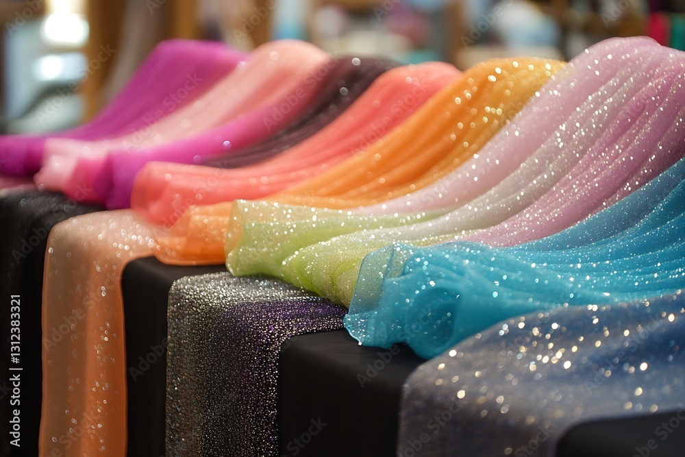 Poster brightly colored fashion fabrics in various shades with glittery texture displayed for customers : g