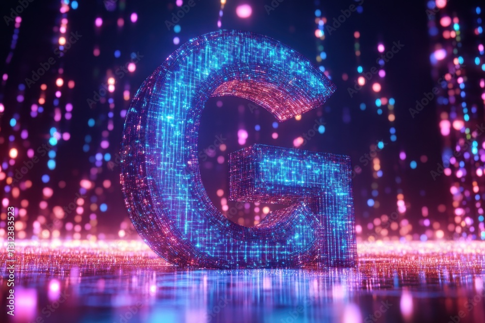 Aufkleber Vibrant illuminated letter G on a reflective surface surrounded by sparkling lights in a dark setting