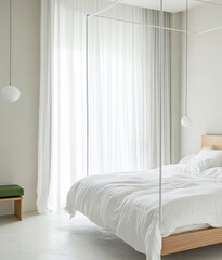 Modern minimalist bedroom design featuring natural light and simple furnishings