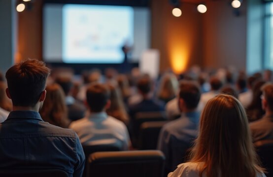 People listen to presentation on stage in hall. Audience attends seminar, conference event, meeting with speech speaker. Participants watch big screen, listen attentively corporate information.