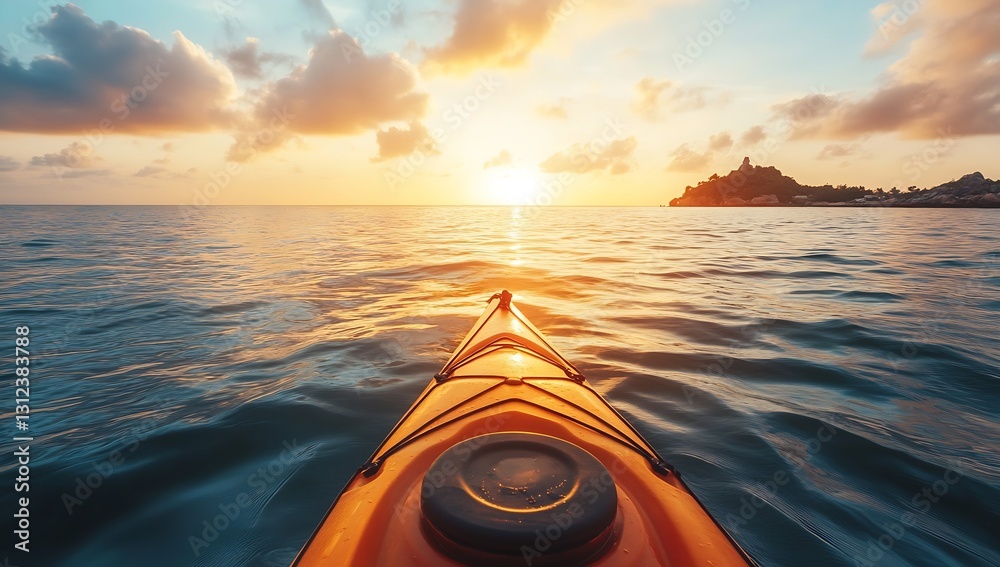 Poster vibrant scenic view of kayaking under sunset over ocean with beautiful reflections : generative ai