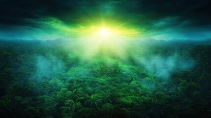 Fototapeta premium Mystical Sunrise Over Lush Tropical Rainforest