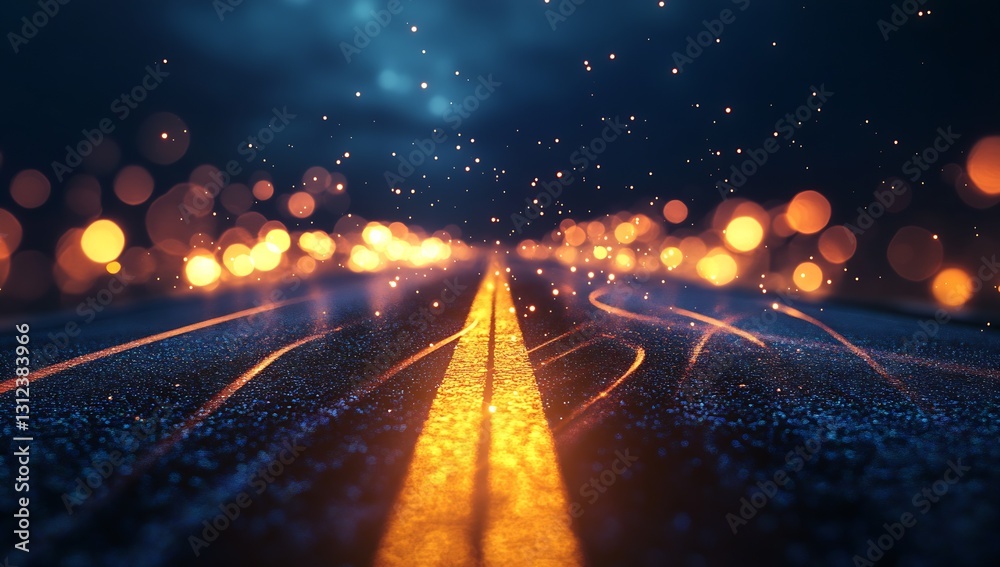 Poster Spectacular view of illuminated road with shimmering particles and warm light enhances the enchanting scene : Generative AI