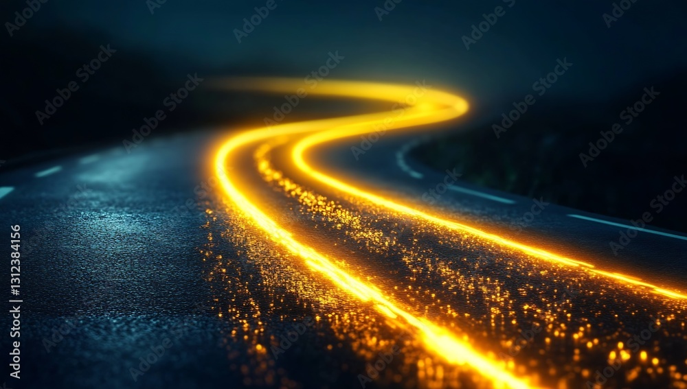Poster striking long exposure image of bright light trails curving on a dark and wet road surface : generat