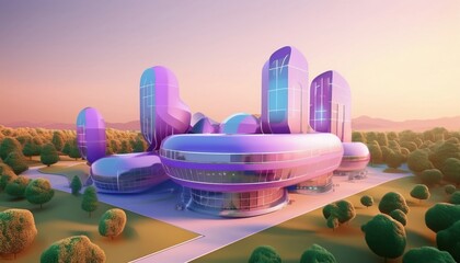 Futuristic college campus with colorful buildings set in a serene landscape during sunset.