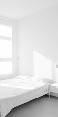 Minimalistic bedroom with bright natural light and simple furnishings
