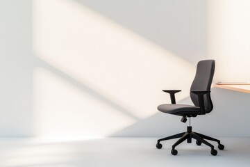 minimalist office setup featuring single stylish ergonomic chair beside sleek modern desk bathed in natural light from
