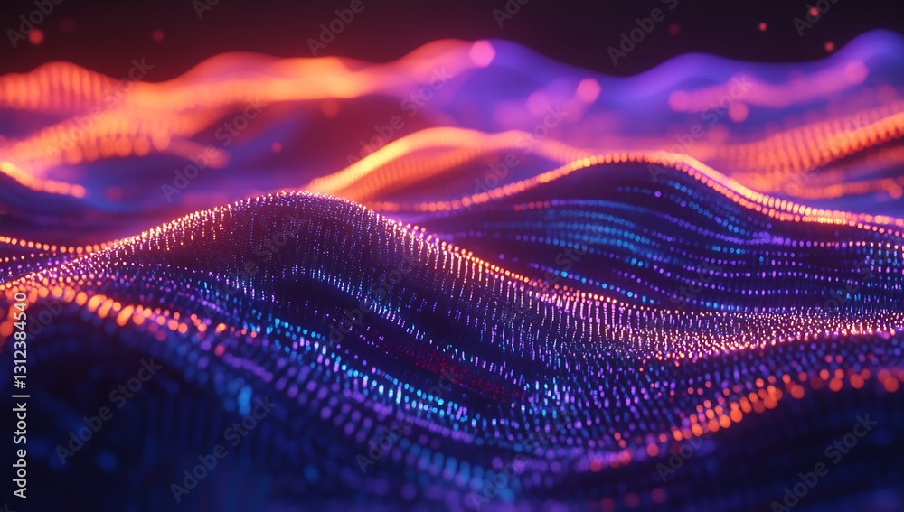 Poster Beautiful abstract representation of radiant waves filled with glowing particles creating a striking interplay of colors and light : Generative AI