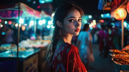 Obraz premium A young woman wearing a striking red outfit stands at a bustling night market. Colorful stalls filled with delicious food surround her as she takes in the lively atmosphere