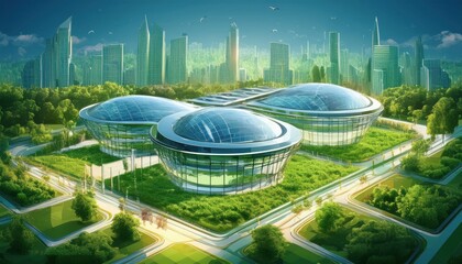 A vibrant college campus rises among skyscrapers, featuring eco-friendly buildings and lush gardens.