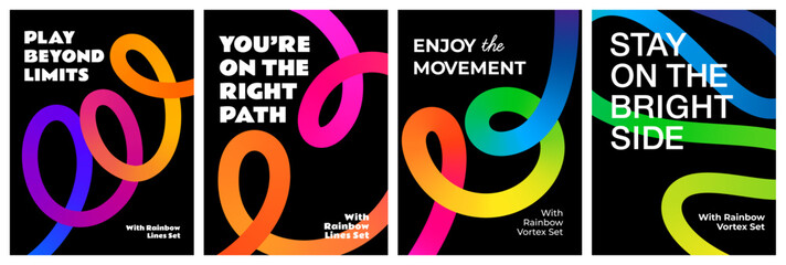 Abstract Backgrounds with Color Lines. Vector 3D Gradient Shapes on a Black Background. A Squiggle Rainbow Graphic for Posters and Layout