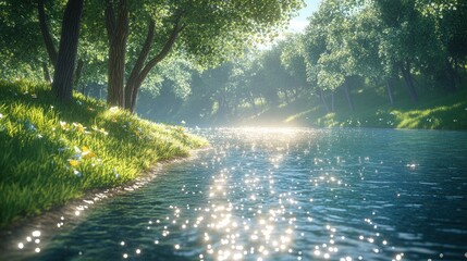 Obraz premium A scenic riverside view featuring trees and a shining river