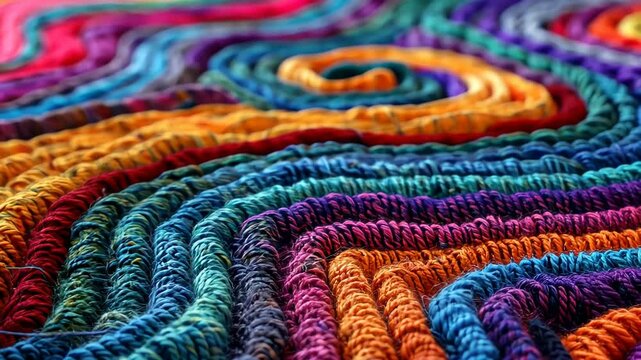 Close-up of a vibrant spiral fabric design in rich, contrasting colors of yarn.