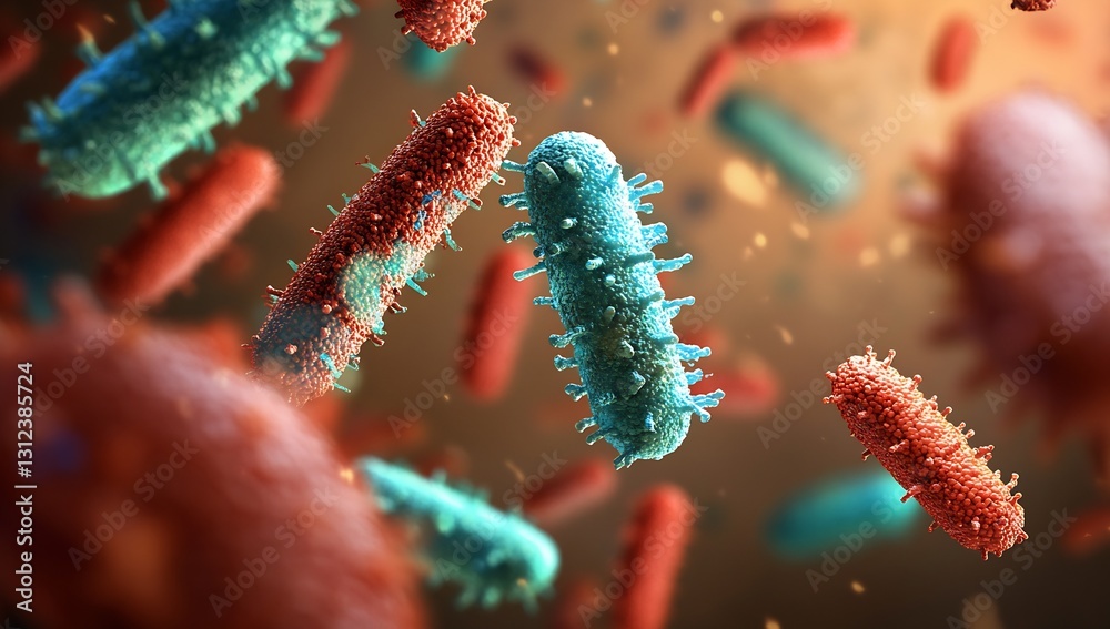 Aufkleber Colorful visualization of various bacteria and microorganisms in a scientific context : Generative AI
