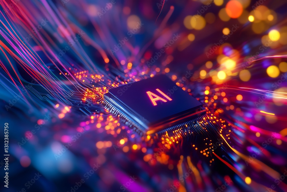 Poster Stunning close up of a vibrant AI chip glowing with colorful lights and dynamic energy patterns : Generative AI
