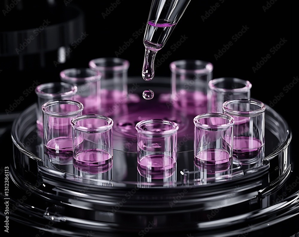 Poster Microscopic view of test tubes filled with purple liquid under a pipette in a high-tech laboratory environment : Generative AI