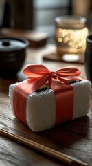 Gift-wrapped sushi delight japanese restaurant food presentation cozy dining space close-up view culinary art