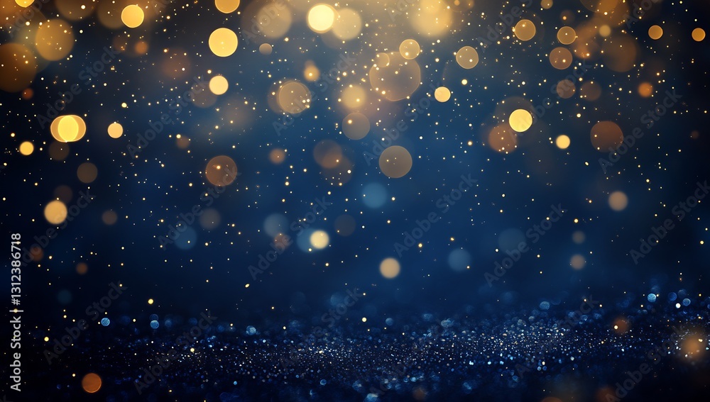 Aufkleber Beautiful sparkling golden lights creating a mesmerizing bokeh effect on a dark blue background : Generative AI