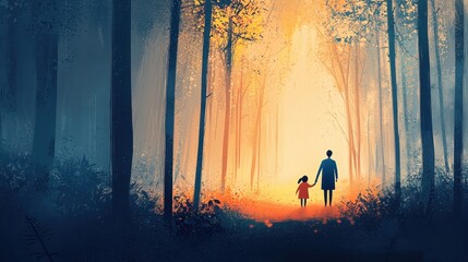 Fototapeta premium A parent and child stroll together through a mystical forest during twilight. The atmosphere is serene, illuminated by warm colors that create a magical ambiance