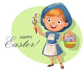 Happy Easter. A cheerful girl holds a basket with colored eggs