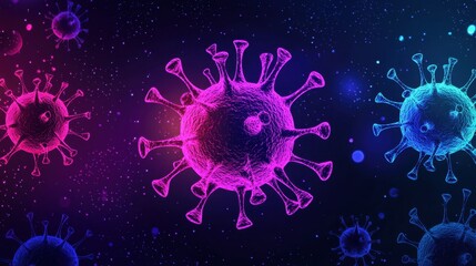 A vibrant visualization of viruses floating in a dark cosmic setting, showcasing the microscopic details of viral structures during an epidemic, emphasizing their unique shapes and forms