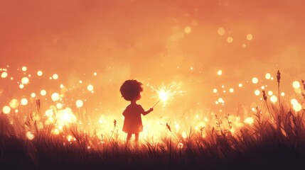 A young child stands in a grassy field during twilight, joyfully holding a sparkler. The surrounding area glows with twinkling lights, creating a whimsical atmosphere