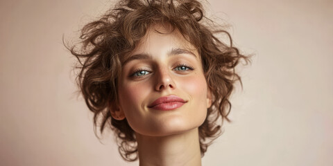 Naklejka premium Portrait of a woman with curly hair smiling in a soft light setting